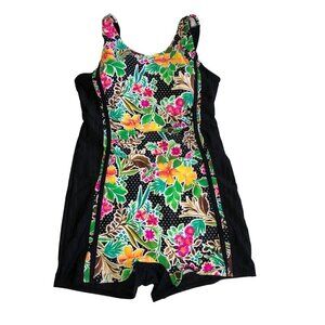 Modest Swimsuit Size US M L Korean 3XL One Piece Korean Black Floral Boyshort